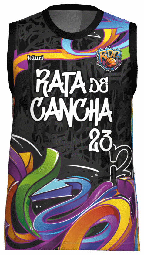 Camiseta de baloncesto negra con grafismo multicolor sublimado a sangre.