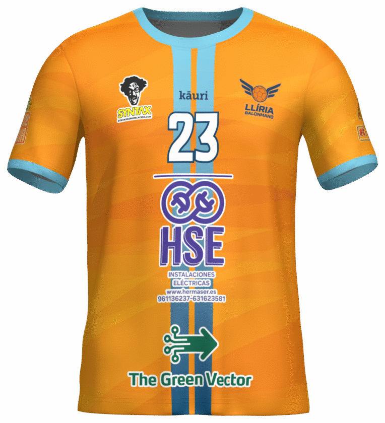 Camiseta de balonmano naranja y azul con degradado sublimado.