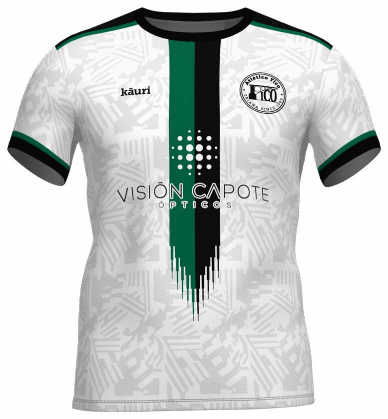 Camiseta de fútbol blanca y verde con franja central sublimada.