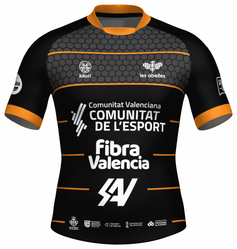 Camiseta de rugby negra y naranja fabricada para el Club Polideportivo Les Abelles.